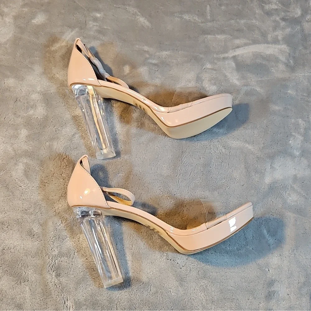 Katy Perry Nude Patent Strappy Block Heel Ankle Strap Open Toe Buckle Size 10